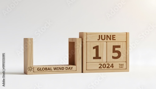 Wooden Block Calendar Showing June 15 2024 Global Wind Day