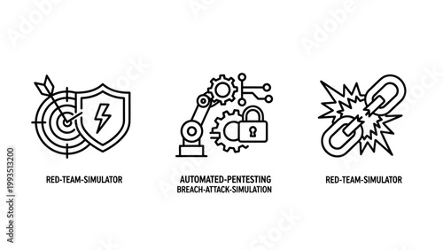 Cybersecurity defense icons including red team simulator automated penetration testing broken chain link security penetration simulator protection vulnerability cybersecurity mitigation