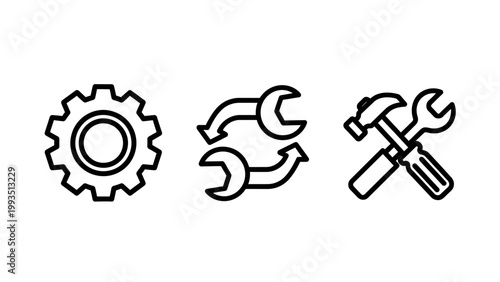 Technical repair and maintenance icons featuring a gear rotating wrenches crossed hammer and wrench tools maintenance engineering technical industrial mechanic construction hardware