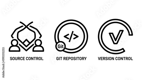 Software development tools icon set for source control and versioning with software development repository programming technology collaboration management interface minimalist computer