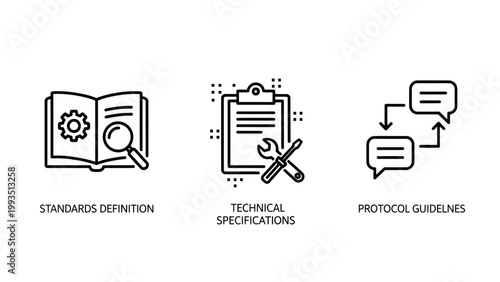 Technical documentation and standards definition icon set with standards definition technical specifications protocol guidelines documentation settings screwdriver communication business