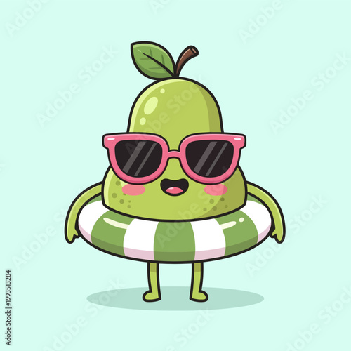 Cute cartoon pear character enjoying summer vacation with sunglasses.
