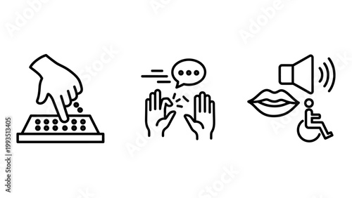 Accessibility and inclusive communication symbols set with accessibility inclusive disability communication language assistance handicap wheelchair interaction inclusion universal interface