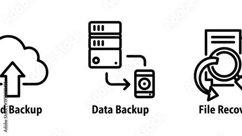 Cloud backup data backup file recovery outline icons set with recovery information computing technology security database infrastructure management protection transfer synchronization
