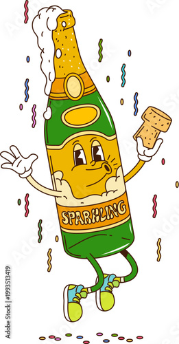 Cartoon funky groovy champagne bottle character with funny face, vector alcohol drink. Groovy sparkling wine drink bottle character with open cork and happy whistling cheers with holiday confetti