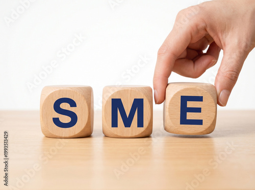 wooden blocks spelling sme with hand placing last cube representing small business finance msme schemes and startup funding concept
