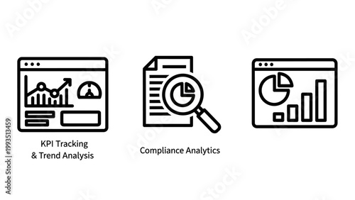 Kpi tracking trend analysis compliance analytics line icons with tracking analysis compliance analytics business performance statistics dashboard evaluation monitoring financial information