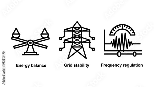 Electrical power grid stability and energy balance icon set for utility monitoring with stability frequency regulation electricity electrical monitoring distribution technology infrastructure