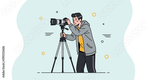 Young Man Photographer with Camera on Tripod, Creative Hobby, Professional Equipment