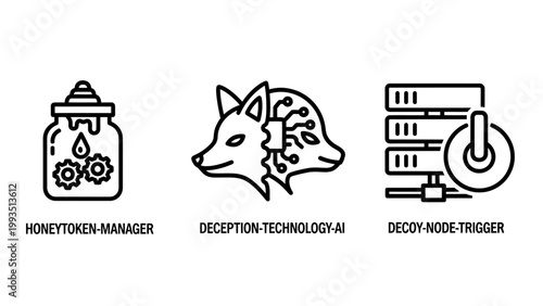 Cybersecurity and network deception technology linear icons with cybersecurity security deception technology artificial intelligence honeytoken protection detection information infrastructur
