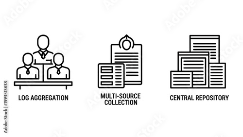 Log aggregation multi-source collection central repository it system icons with aggregation collection repository computing information management infrastructure architecture database