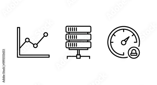 Performance monitoring and server status icons set with performance monitoring dashboard technology management optimization infrastructure analytics computer software hardware technical