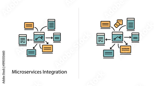 Microservices integration network architecture technical diagram icons with microservices integration architecture software computing communication infrastructure development distributed