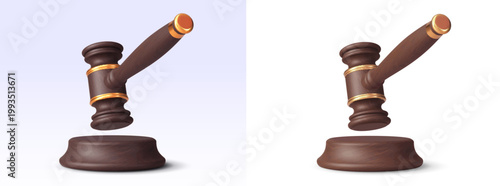 3d wooden judge gavel, bid auction hammer, vector justice legislation mallet with gold bands above round sound block. Realistic justice hammer for court law, auction bidding and legal decision concept