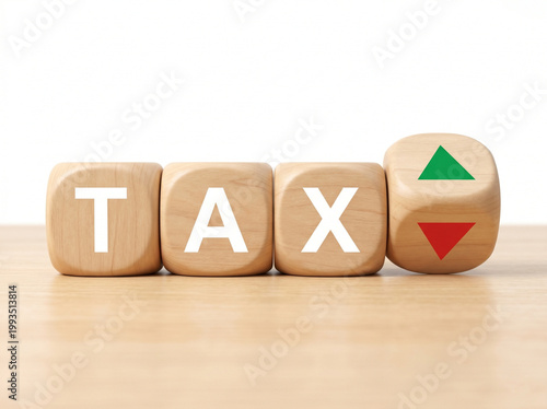 tax word on wooden cubes with green and red arrows representing increase decrease taxation and financial decision concept isolated on white background