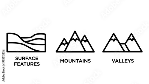Geographical surface features mountain and valley icons with mountain landscape geography topography environment geological highland physical elevation education abstract minimalist