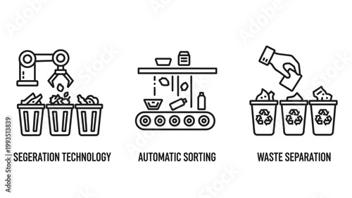 Waste separation automatic sorting and segregation technology recycling icons with separation recycling technology segregation automated conveyor environment sustainability management