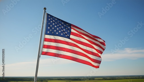 Tall American Flag Waving on Pole Over Open Landscape