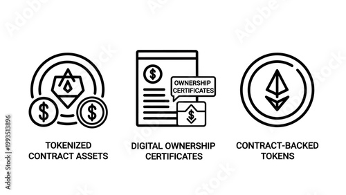 Blockchain financial asset symbols tokenized contracts ownership certificates and backed tokens with smart contract digital asset blockchain contract ownership certificate investment technology
