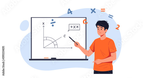 Young man teaching math with a whiteboard showing a graph and equations