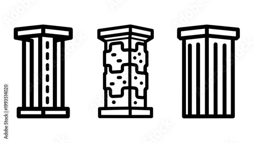 Set of architectural pillar or column icons showing different structural designs with architecture building structure construction classical concrete monument exterior engineering collection