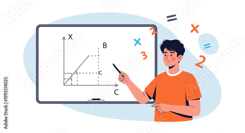 Young man teaching math with a whiteboard graph and equations