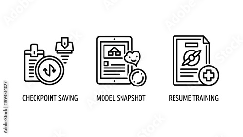 Icons for machine learning training processes including checkpoint saving and model snapshots with training learning checkpoint snapshot artificial intelligence technology development software