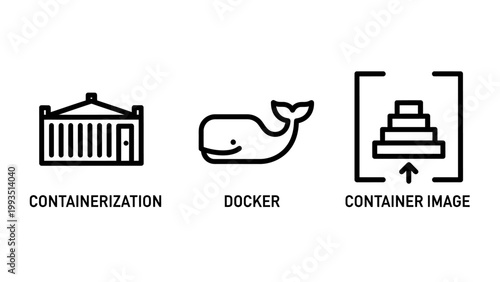 Set of computer containerization technology icons featuring docker and container image container technology software computing development infrastructure deployment virtualization application