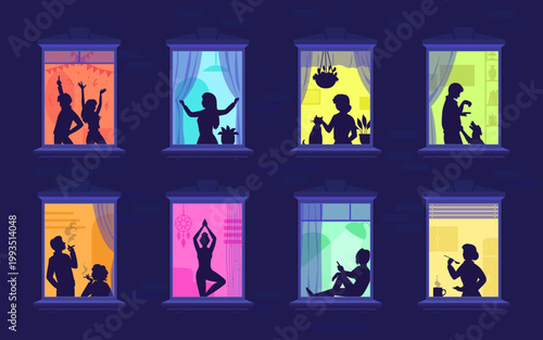 Neighborhood night windows with silhouettes of people dancing, feeding pets, or smoking. Vector neighborhood night windows with people practicing yoga, cooking, talking, and meditating in home rooms