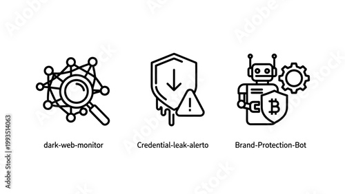 Set of cybersecurity icons featuring dark web monitor data leak alert and crypto protection bot cybersecurity security protection internet technology information software business automation