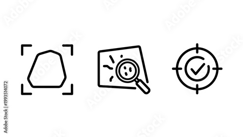 Set of quality assurance and scanning icons including object detection document analysis and verified approval checkmark with assurance scanning verification analysis document detection approved