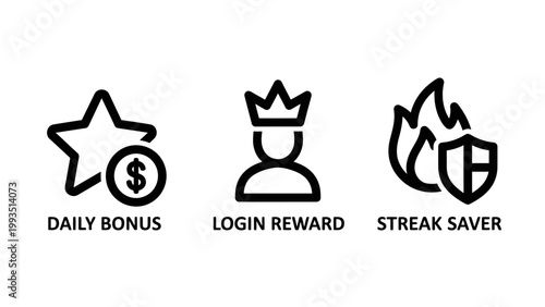 Set of UI game achievement icons featuring daily bonus star user login reward and streak shield protection gamification interface graphics progression achievement experience security currency
