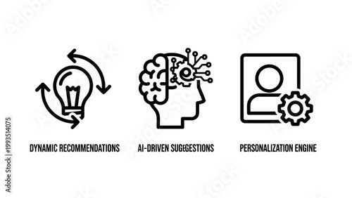 Business and technology innovation icon set featuring dynamic recommendations and personalized engine innovation technology business marketing personalization strategy intelligence automation
