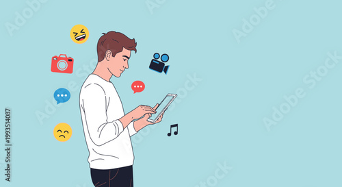 Young man using a tablet with social media icons floating around him