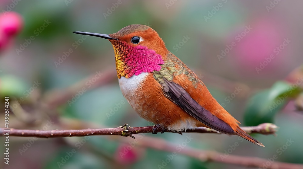 Naklejka premium Hummingbird's colors change with backgrounds, making it more striking. Found in Mexico, these birds add beauty to gardens with blooming flowers.
