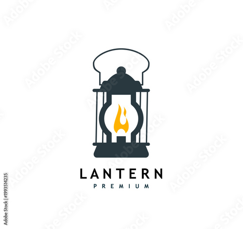 House rustic lantern lamp icon. Vintage kerosene lantern featuring metal frame with arched handle and warm orange flame. Timeless vector emblem for cabin branding, camping, historical theme