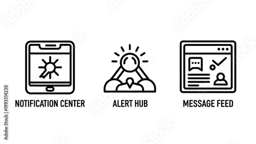 Set of digital communication and interface icons featuring notification center alert hub message feed notification interface communication software technology minimalist information connection