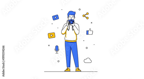 Content Creator with Camera and Social Media Icons