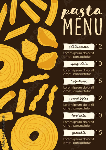 Vertical Italian pasta menu design with illustrations of rigatoni, gemelli, and farfalle. Ideal for restaurant chalkboard style flyers, price lists, or brochures.