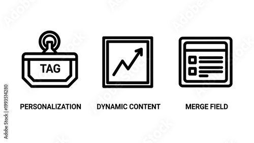 Business icons representing personalization tagging dynamic content growth data merge fields personalization business interface technology marketing application software information