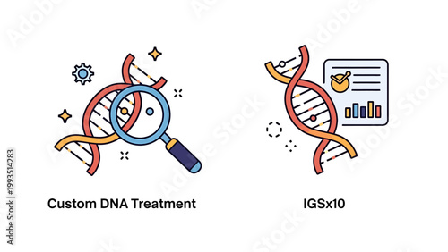 Dna analysis and genomic research concept icons with genetics research analysis magnifying biotechnology molecule chromosome laboratory innovation discovery scientific investigation