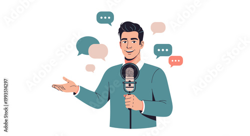 Man with Microphone and Speech Bubbles - Podcasting, Interview, Communication