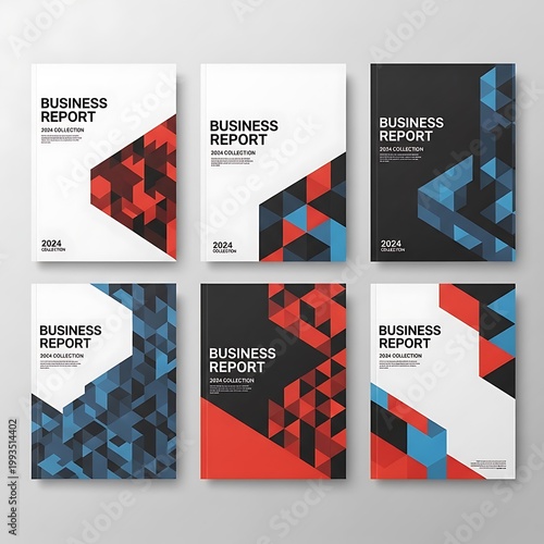 Six assorted corporate report covers display contemporary geometric designs in varied color schemes