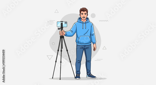 Young man with blue hoodie and jeans filming with smartphone on tripod, vlogger