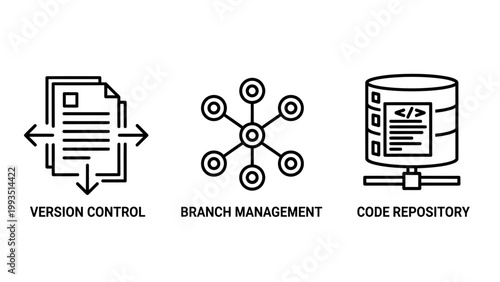 Software development workflow icons set showing version control branching and code repository management with software development branching repository management programming workflow technical