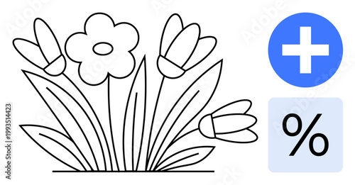 Nature, growth, health, savings, discounts, financial wellness. Black outlines of flowers with a blue plus and percentage sign. Nature and health concept with financial elements