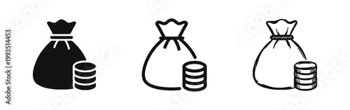 Money Bag and Stack of Coins Icon Set in Three Different Styles