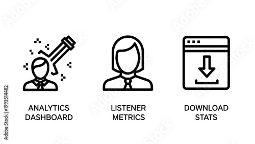 Data analytics icon set featuring dashboard listener metrics and download statistics analytics dashboard listener download statistics business information software reporting analysis