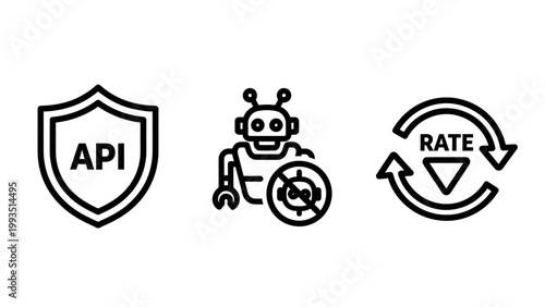 Digital security and automation icon set featuring api shield robot security and rate limit symbols security automation protection technology software cybersecurity interface internet