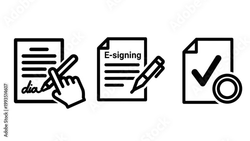 Document signing e-signing and approval process icons with e signing document e-signing approval signature contract agreement business verification certification workflow transaction